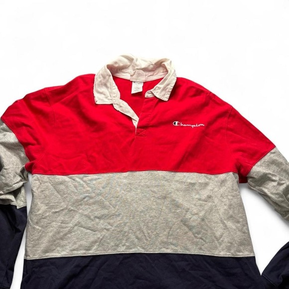 Champion Other - Champion Reverse Weave Rugby Shirt Mens XL Colorblock Long Sleeve Red Grey Navy